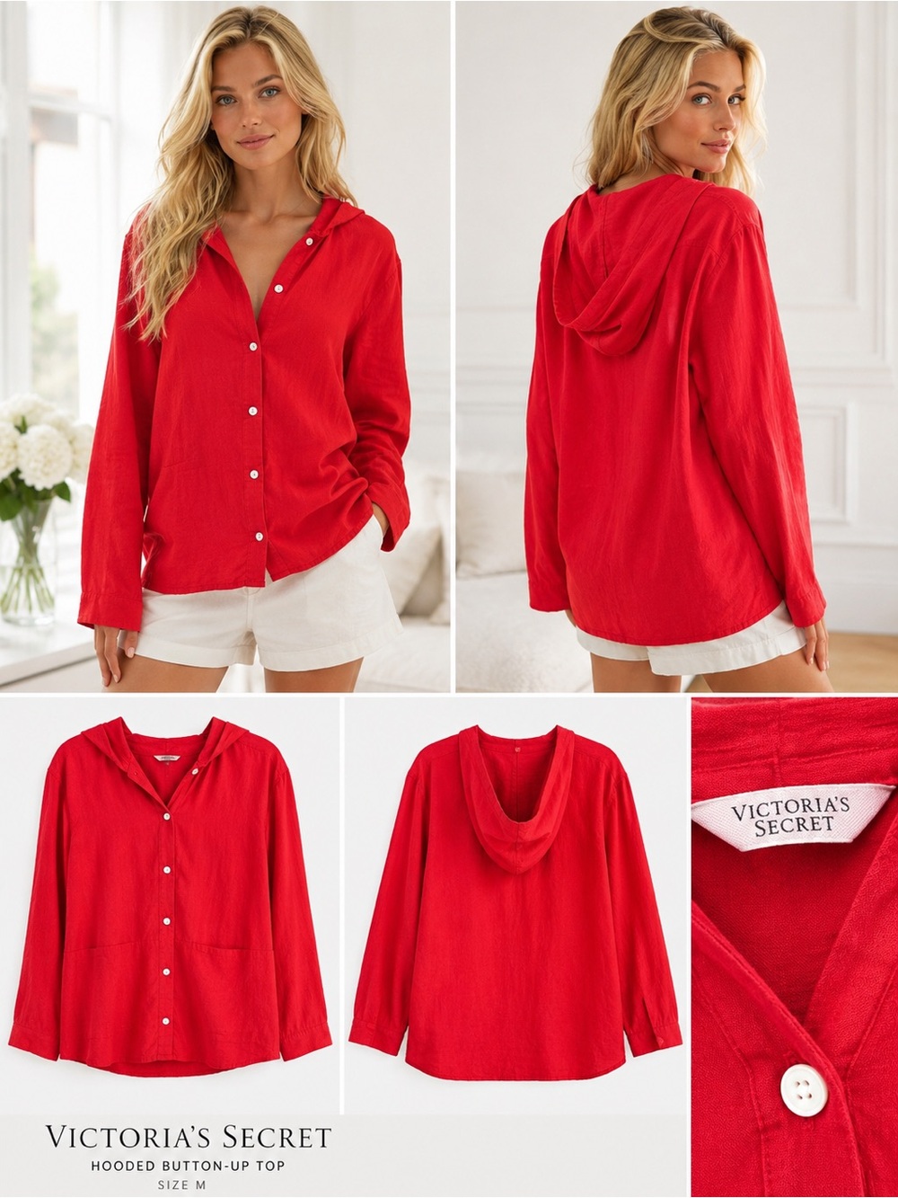 Victoria's Secret Red Hooded Button-Up Shirt
